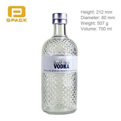 Bottiglia vuota in vetro per vodka modello simile da 700 ml vuota all'ingrosso con tappo a vite in alluminio