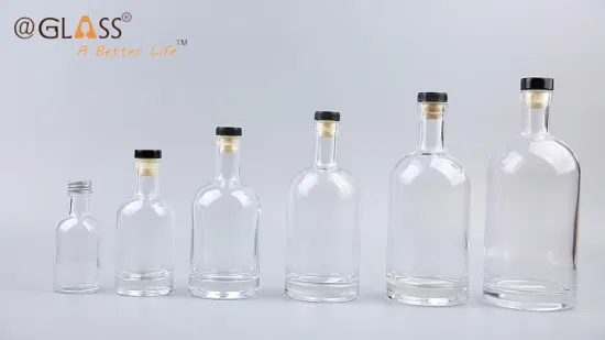 Bottiglia di liquore in vetro all'ingrosso da 100 ml / 200 ml / 375 ml / 500 ml / 700 ml / 750 ml / 1 l Bottiglie di vetro vuote rotonde nordiche con tappo in sughero in legno